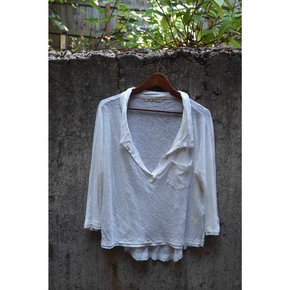 We The Free by Free People White Linen Cotton Collared V-Neck Top – Size M